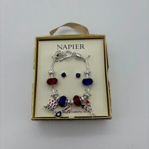 NIB Napier Silver Tone America Patriotic Charm Bracelet & Stud Earrings Set